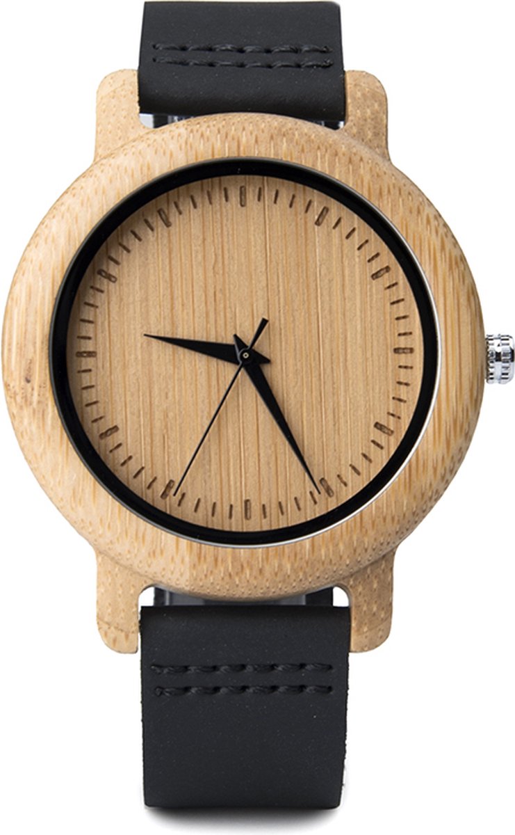HO24-A21.1 : Licht houten horloge, zwart leder met pu band, gespsluiting