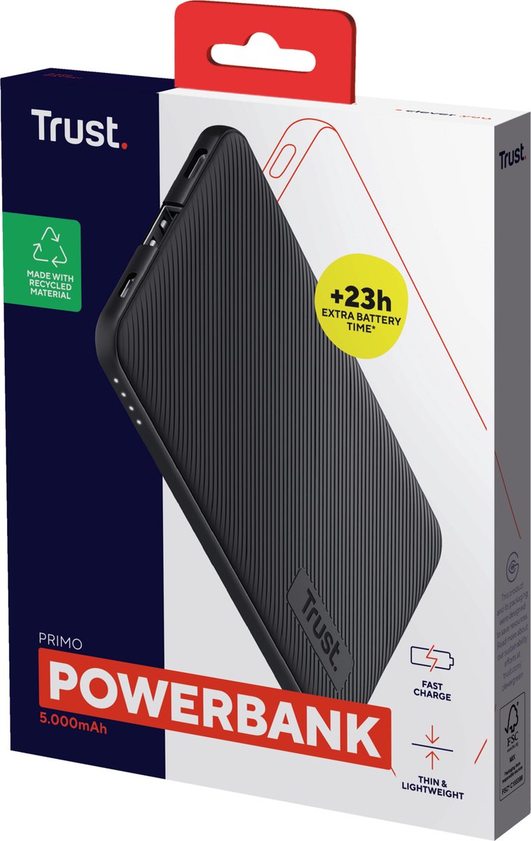 Trust Primo Powerbank 5000 mAh – Draagbare Oplader – Compacte Powerbank - USB-C Powerbank – Snellader Powerbank – Zwart – foto 4