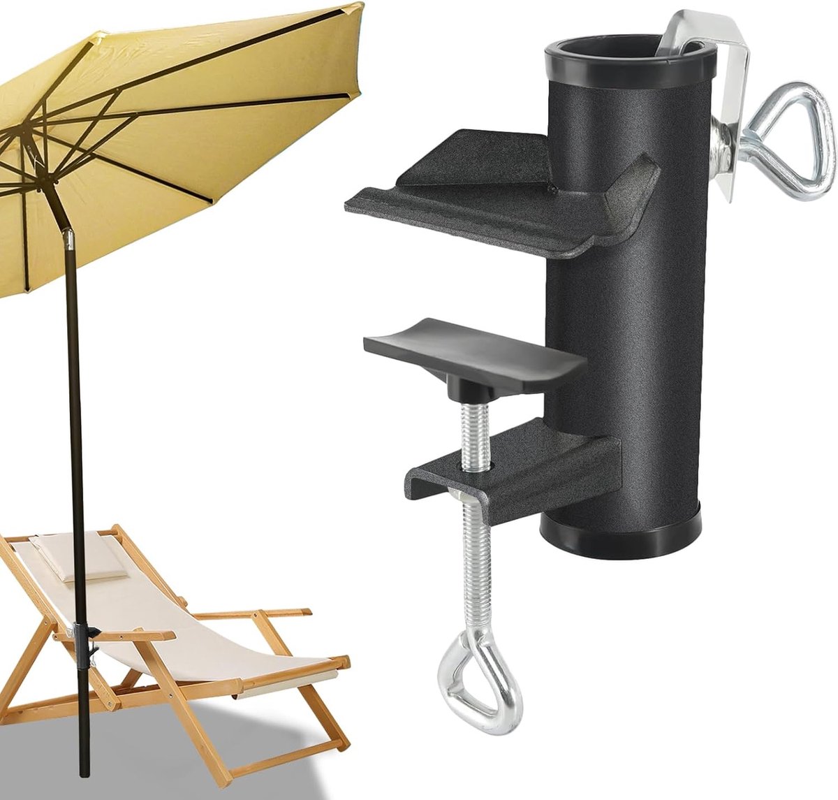 Parasolstandaard, balkonleuning, parasolhouder balkon, metaal, balkonleuning, parasolhouder, tuinparasol, parasolstandaard, parasol, balkonklem voor het terras, strand, ligstoel, universeel