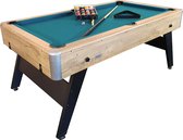 Opklapbare pooltafel met een lichtbruin, houten frame, groen laken en zwarte poten. Met ballen, keus en driehoek.