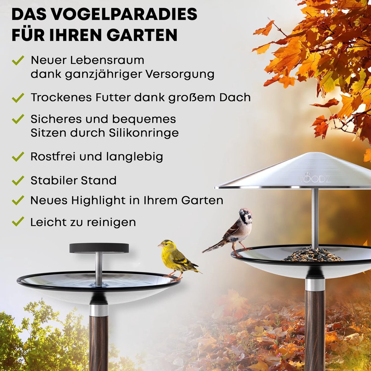 ROODZ Vogelhuisje en vogelbad, 2-in-1 met standaard, weerbestendig, van roestvrij staal, designer-vogelvoederstandaard, vogelbad, vorstbestendig, winterbestendig, luxe vogelvoederbak, balkon