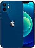 iPhone 12 in het blauw, met dubbele camera en Apple logo op de achterkant.