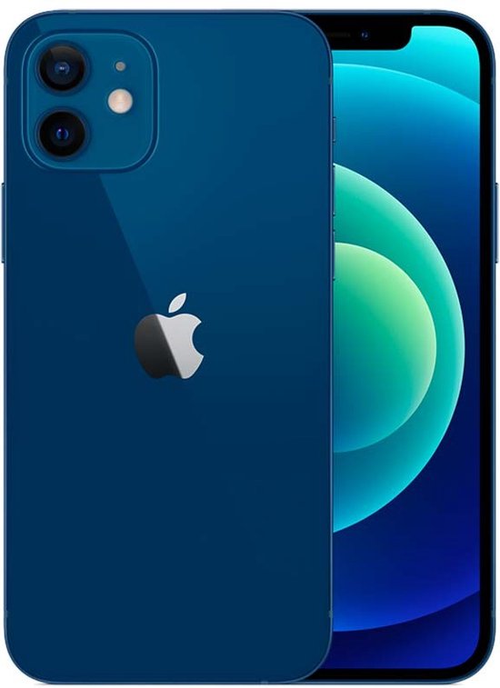 iPhone 12 in het blauw, met dubbele camera en Apple logo op de achterkant.