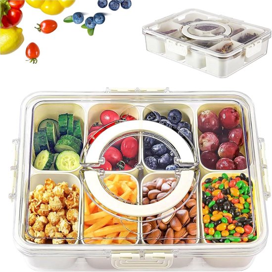 Foto: Snackbox baby kinderen met vakken snackbord met deksel serveerbord snackboxcontainer perfect voor snoep noten fruitpicknicks familiebijeenkomsten en snackborden in de bankbar