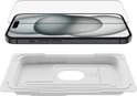 iPhone met screenprotector en Belkin uitlijningsframe, schuin gezien.