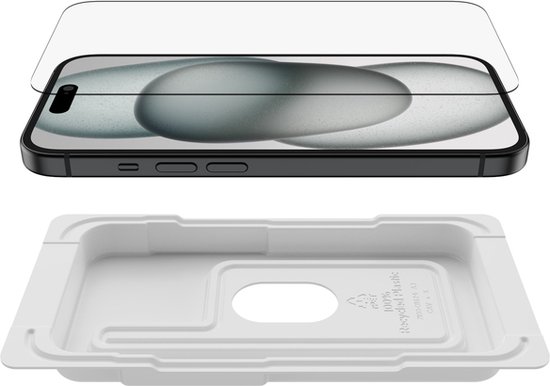 iPhone met screenprotector en Belkin uitlijningsframe, schuin gezien.