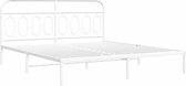 Wit metalen bedframe met een open hoofdbord met horizontale spijlen en een stevig bedrooster.