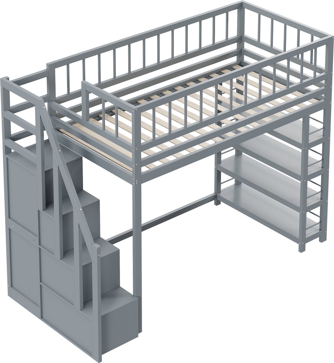 Hoogslaper 90 x 200 cm met glijbaan, kledingkast en bureau - Grenen MDF multiplex - Lattenbodem - Wit