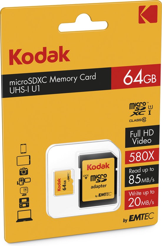 Kodak microSDXC geheugenkaart 64GB UHS-I U1 in gele verpakking, inclusief adapter en informatie over 85MB/s lezen en 20MB/s schrijven.
