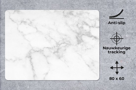 Tapis de souris XXL - Sous-main - Tapis de bureau - Marbre - Wit - Grijs - Luxe - Aspect marbre - Pierre - 80x60 cm - Tapis de souris XXL