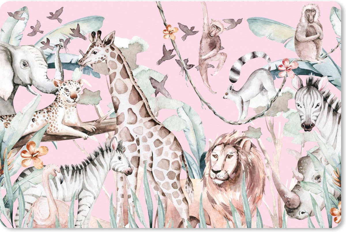 Muismat XXL 120x80 cm - Bureau onderlegger - Bureau mat Aquarelverf - Dieren - Jungle - Roze - Meisjes - Kinderen - Kids - Bureaumat - Gaming mousepad xl - Bureaulegger groot - Computer deskmat