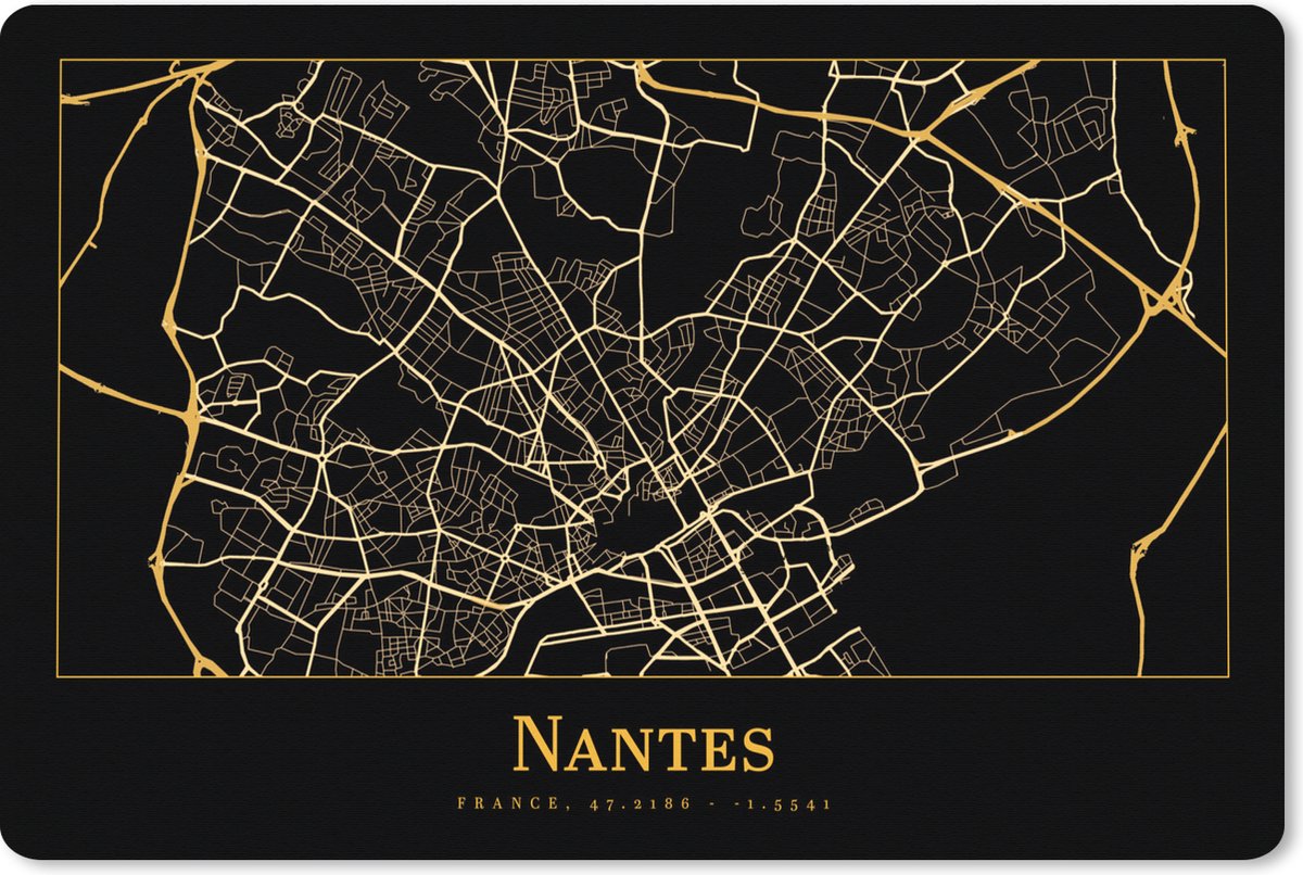 Muismat XXL 120x80 cm - Bureau onderlegger - Bureau mat Kaart - Nantes - Goud - Zwart - Bureaumat - Gaming mousepad xl - Bureaulegger groot - Computer deskmat