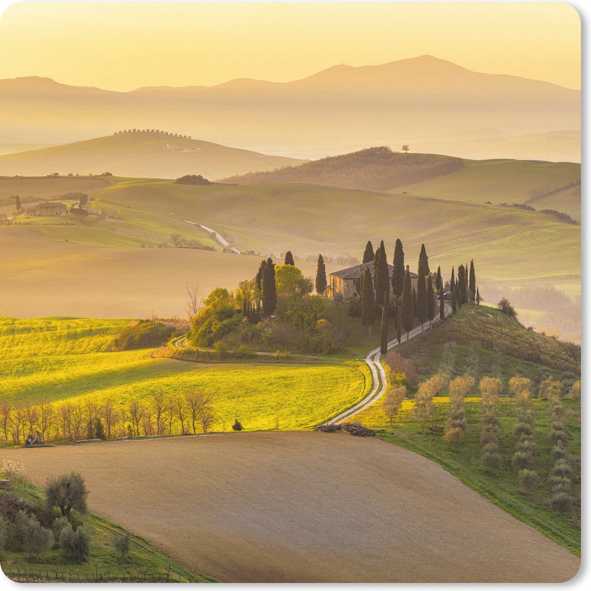 Muismat XXL 40x40 cm - Bureau onderlegger - Bureau mat Toscane - Heuvels - Landschap - Bureaumat - Gaming mousepad xl - Bureaulegger groot - Computer deskmat