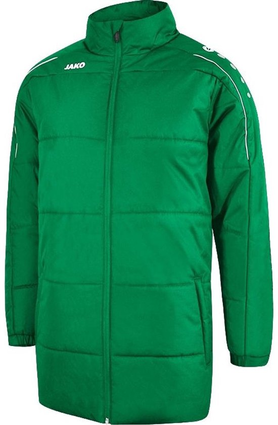 Lange groene Jako jas met witte accenten op de mouwen en op de borst. De jas heeft een opstaande kraag en rits.