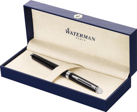 Waterman Expert-vulpen | Glimmend zwart met chromen rand | Medium penpunt | Cadeauverpakking