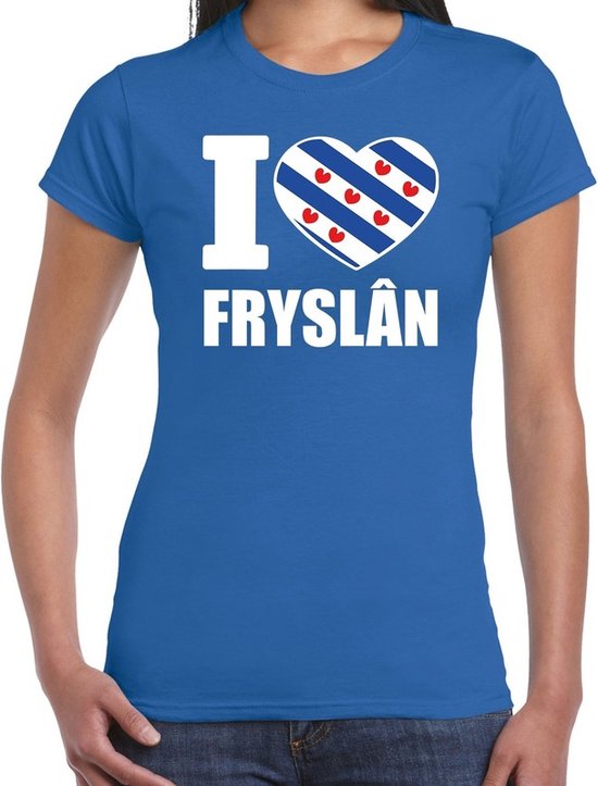 I love Fryslan t-shirt - blauw - voor dames - Friesland thema - korte mouwen - kleding provincie vlag print XXL