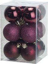 12x stuks kunststof kerstballen aubergine roze 6 cm mat/glans/glitter -Onbreekbare plastic kerstballen - Kerstversiering