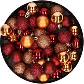 Kleine kunststof kerstversiering 40x stuks set en 3 cm kerstballen in het donkerrood en koper - Voor kleine kerstbomen