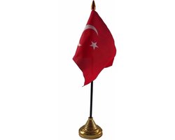Vlag Turkije tafelvlaggetje - 10 x 15 cm - met gouden standaard - Hoogte 27 cm - landen supporters versiering