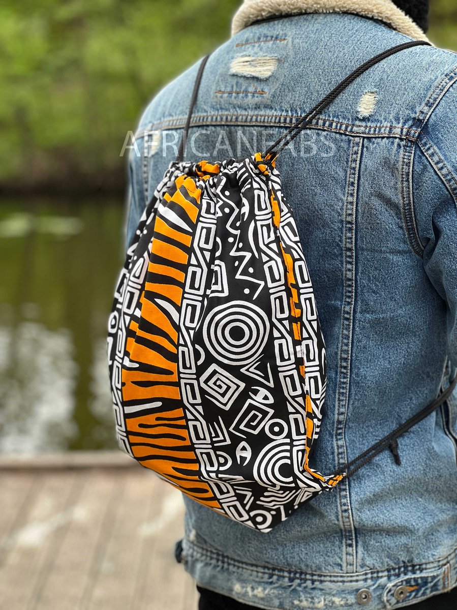 Afrikaanse print rugzak / Gymtas / Schooltas met rijgkoord - Oranje / Zwart bogolan - Drawstring Bag