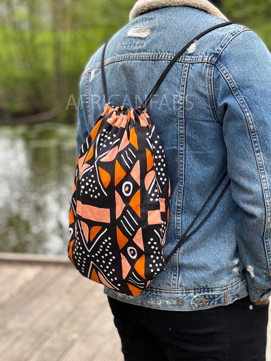 Sac à dos imprimé africain / sac de sport / sac d'école avec cordon de serrage - Oranje / Bogolan pêche - sac à cordon