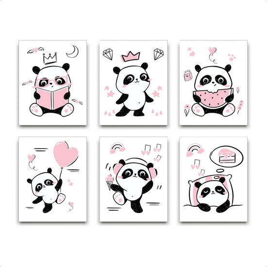 Schilderij  Set 6 Panda met boekje prinses watermeloen ballon muziek en slapen - Roze Hartje / Meisje / 30x21cm