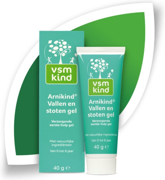 Tube en doosje VSM Kind Arnikind Vallen en stoten gel, met een illustratie van een moeder die voor haar kind zorgt, 40g.