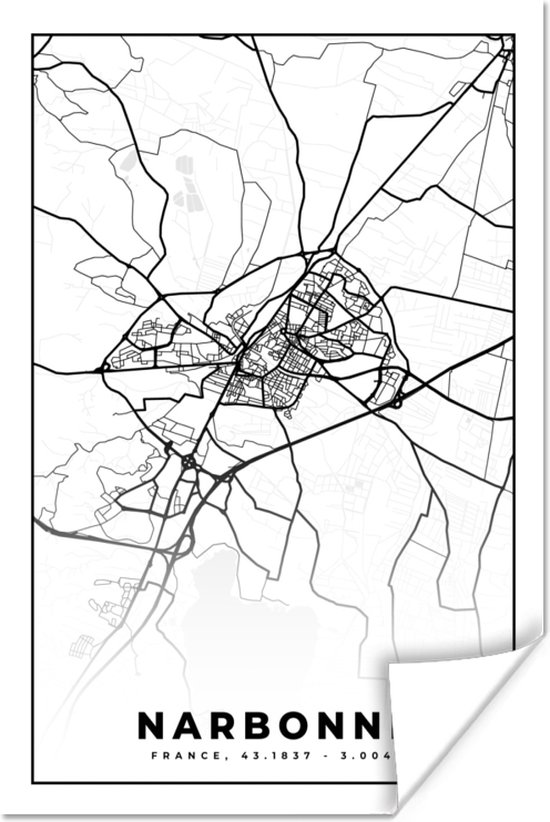 Poster Plattegrond - Narbonne - Kaart - Frankrijk - Stadskaart - Zwart wit - 20x30 cm | bol