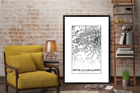 Fotolijst incl. Poster Zwart Wit- Kaart - Brive-la-Gaillarde - Plattegrond - Frankrijk - Stadskaart - Zwart wit - 80x120 cm - Posterlijst