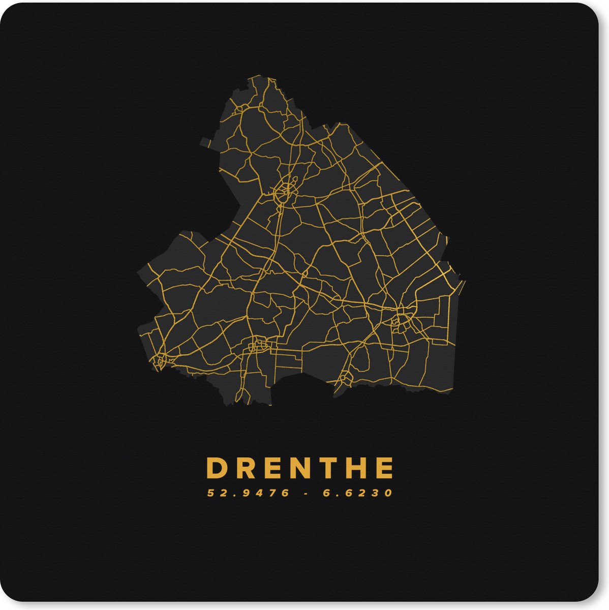 Muismat XXL 50x50 cm - Bureau onderlegger - Bureau mat Drenthe - Wegenkaart Nederland - Goud - Bureaumat - Gaming mousepad xl - Bureaulegger groot - Computer deskmat