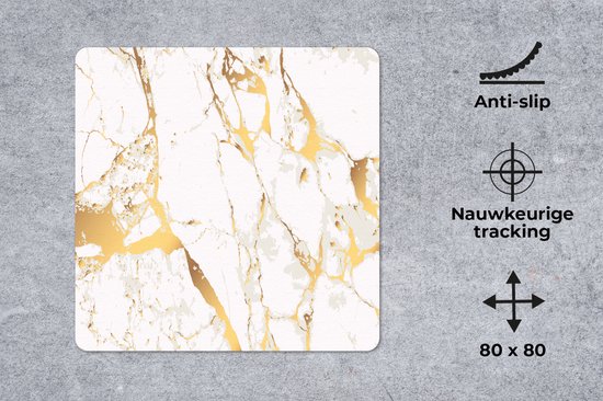 Sous-main avec imprimé marbre blanc et or, avec icônes antidérapant, suivi précis et dimensions.