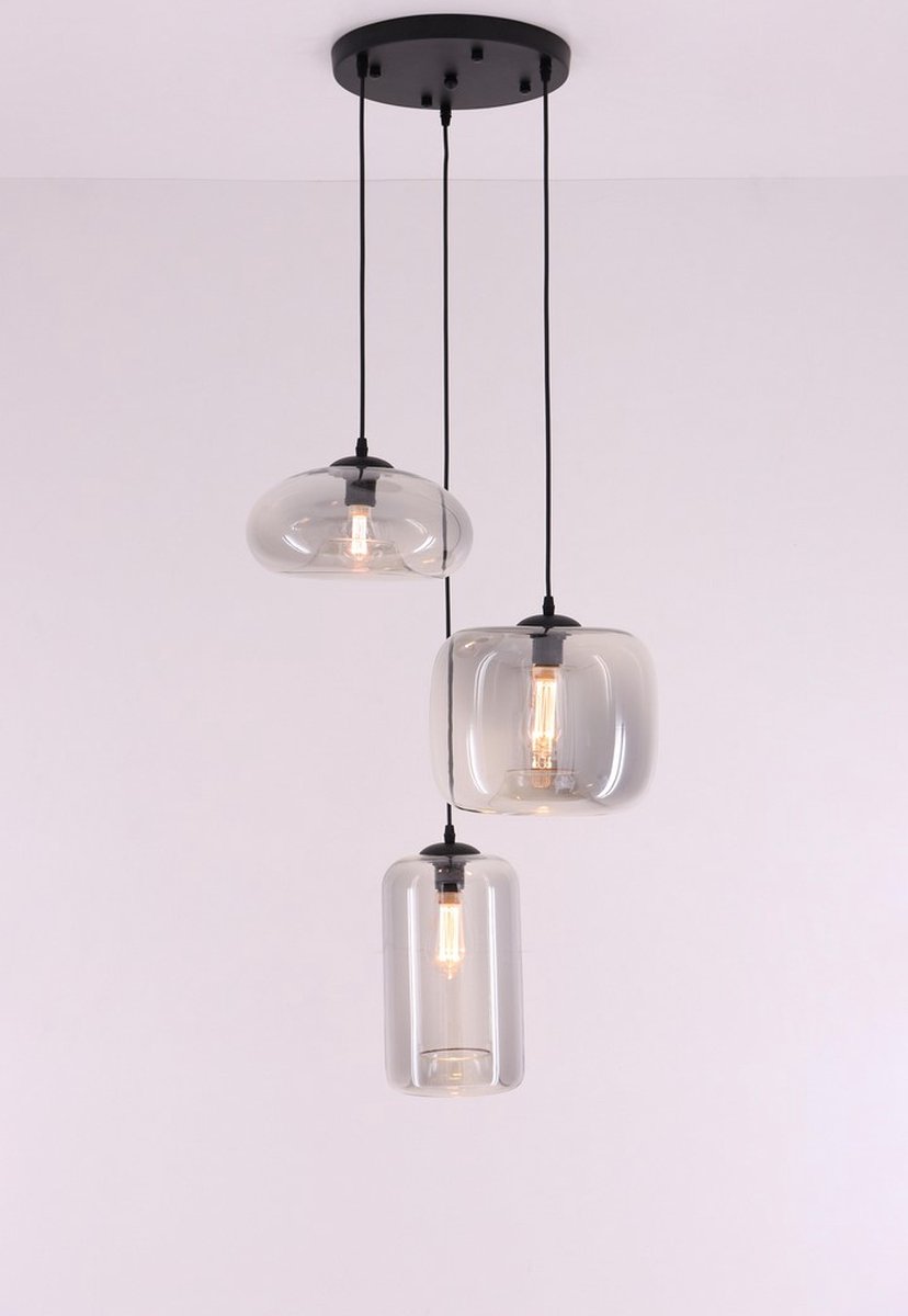 Hanglamp Grey Eef rond 3lichts - luxe Folded glas - 3xE27 - grijs getint glas