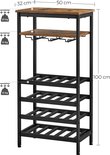 Afmetingen van een donkerbruin metalen wijnrek met houten bladen: 50 cm breed, 32 cm diep, 100 cm hoog, met gewichtsindicaties per plank.