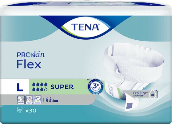 TENA ProSkin Flex, maat L, Super, 30 stuks. Verpakking met blauwe en groene accenten.