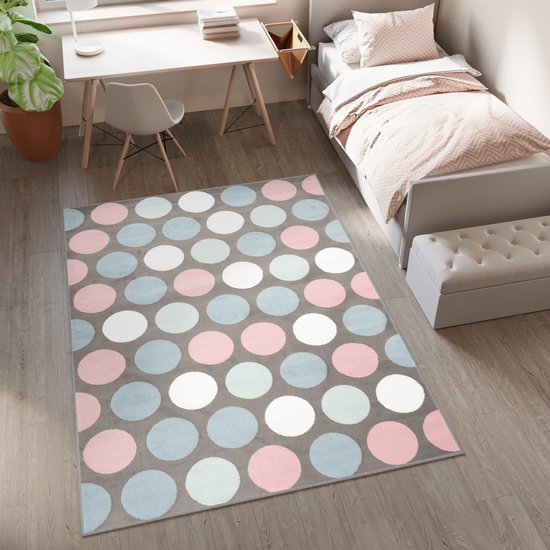 Tapiso Baby Vloerkleed Grijs Roze Blauw Cirkels Kinderkamer Tapijt Maat- 140x200