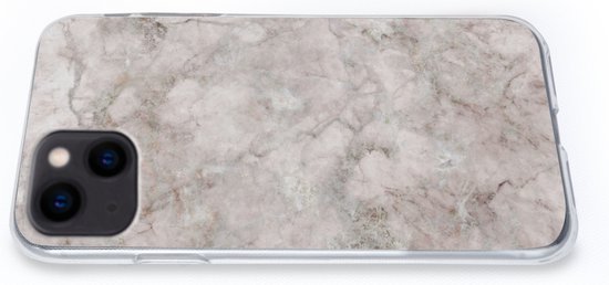 Achterkant van een iPhone 13 hoesje met een gedetailleerde marmerprint in lichte tinten.