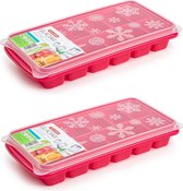 2x stuks Trays met ijsblokjes/ijsklontjes vormpjes 12 vakjes kunststof roze met afsluitdeksel