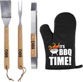 Luxe barbecue gereedschap set met houten handgrepen 3-delig RVS - Met BBQ handschoen It's BBQ Time! - Papa/ Vaderdag cadeau