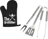 Ensemble d'outils pour BBQ/ barbecue 3 pièces en acier inoxydable - Avec gant de BBQ The Grillfather - Cadeau papa / Vaderdag