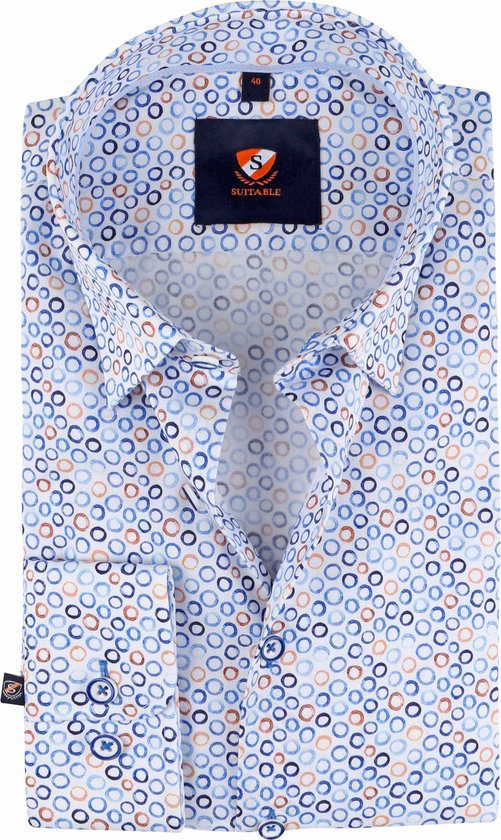 Suitable - Twill Overhemd Cirkels Blauw - Heren - Maat 42 - Slim-fit