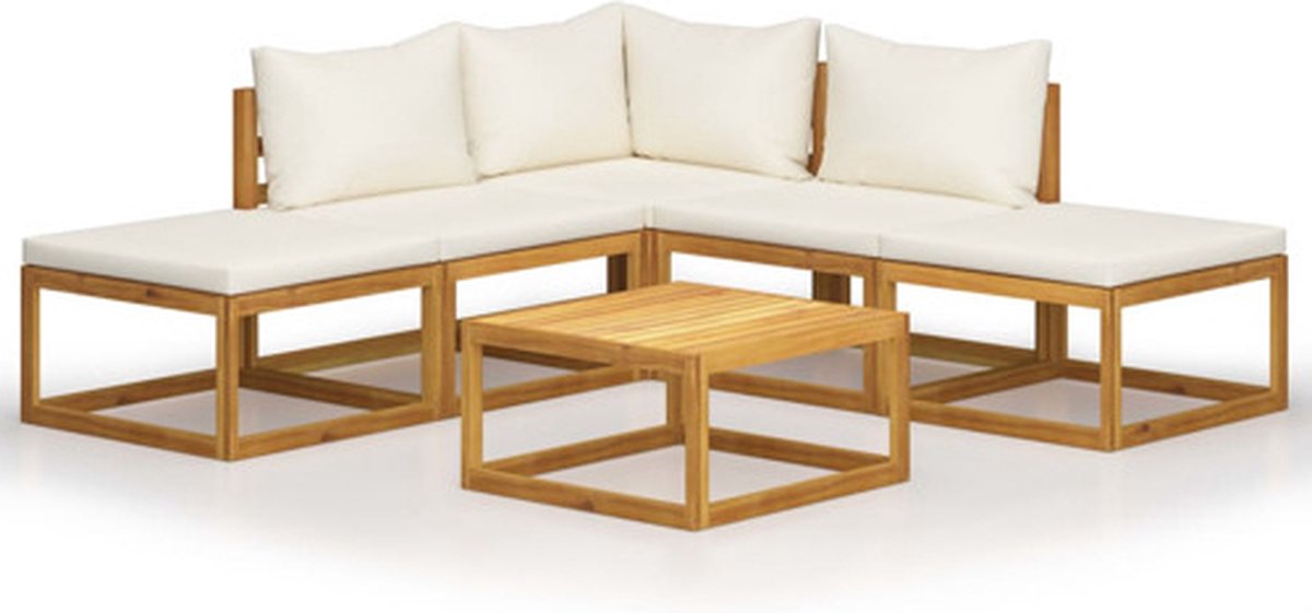 vidaXL 6-delige - Loungeset - met - kussens - massief - acaciahout natuurlijke houtkleur en crèmewit (kussens)