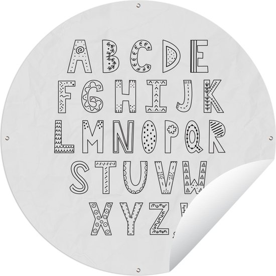 Tuincirkel Illustratie alfabet met versierde letters zwart-wit - 60x60 cm - Ronde Tuinposter - Buiten