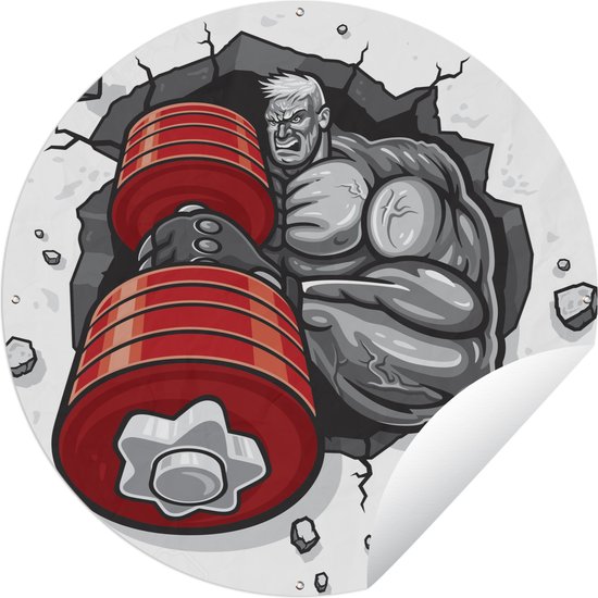 Tuincirkel Een illustratie van een bodybuilder met een rode halter - 120x120 cm - Ronde Tuinposter - Buiten XXL / Groot formaat!