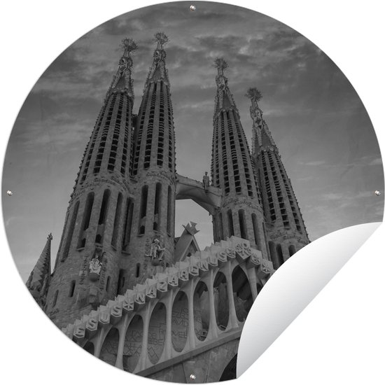 Tuincirkel Sagrada Familia kathedraal in Barcelona bij zonsondergang - zwart wit - 90x90 cm - Ronde Tuinposter - Buiten