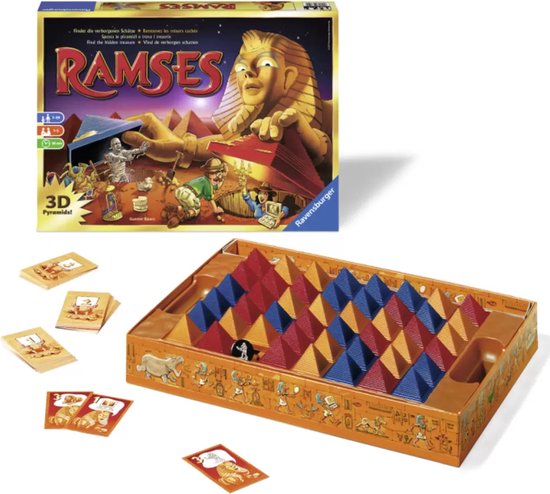 Bordspel Ramses doos en spelbord met piramides en kaarten.