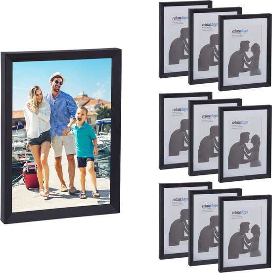 Relaxdays fotolijst met passepartout - 13 x 18 cm - wissellijst kunststof - fotokader - zwart