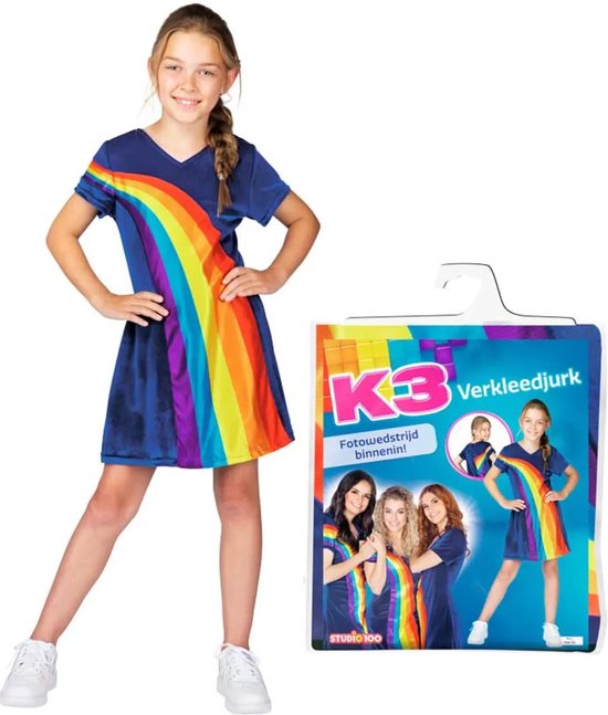 K3 verkleedkleding - verkleedjurk regenboog blauw 9/11 jaar - maat 152