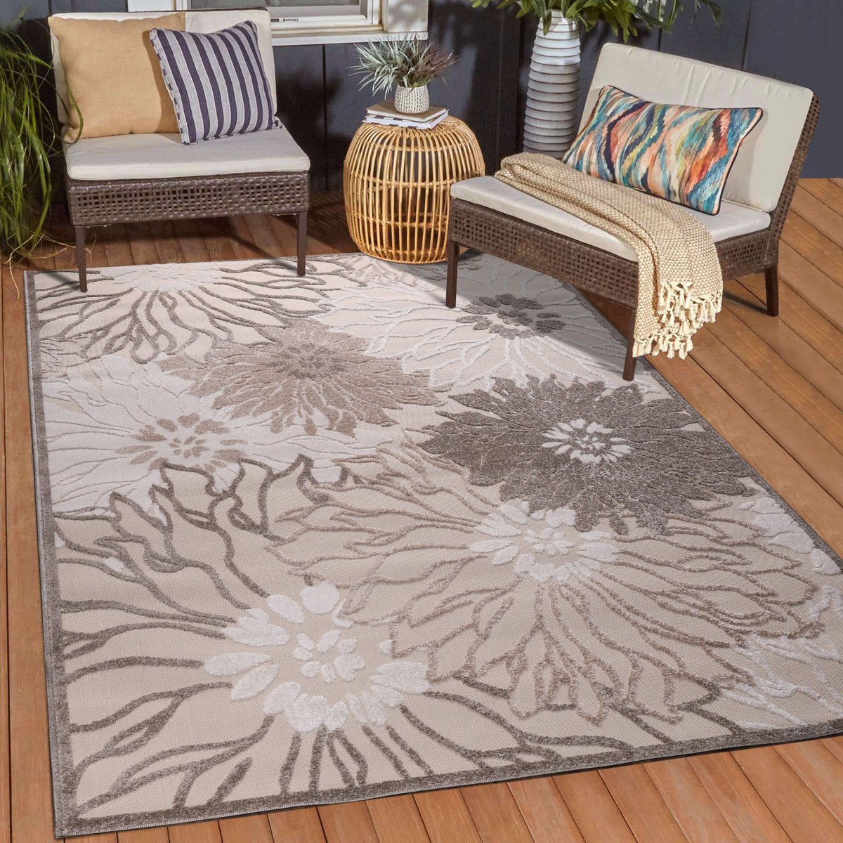 Muratap Floral Outdoor - Buitenkleed Tuin - Weerbestendig Vloerkleed - Creme