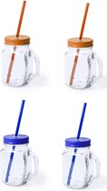 4x stuks Glazen Mason Jar drinkbekers met dop en rietje 500 ml - 2x blauw/2x oranje - afsluitbaar/niet lekken/fruit shakes