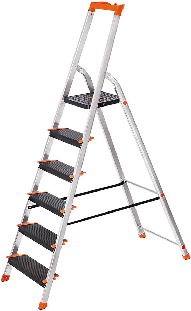 Hoppa! ladder 6 treden, aluminium ladder, 12 cm brede treden, trapladder, gereedschapsbakje, vouwladder, antislip, max, statische belasting 150 kg, TÜV Rheinland GS-certificaat, voldoet aan